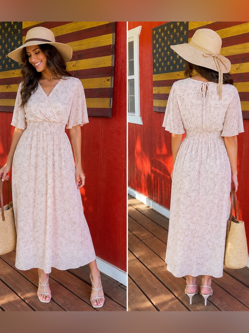 Light Pink Floral Wrap Maxi Dress with Smocked Waist